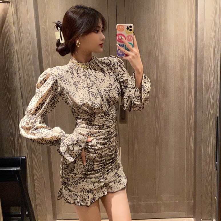 Irregular floral dress with pleated waist