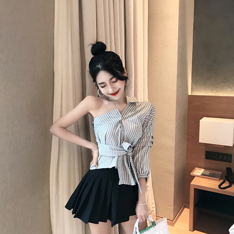 Three-Quarter Sleeves Off-Shoulder Lace-Up Oblique Shoulder Skirt