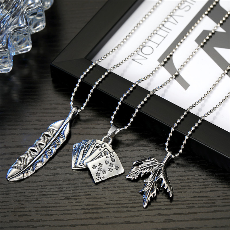Personalized Retro Feather Maple Leaf Playing Card Necklace
