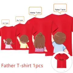 Family With Three Or Four Casual Short-Sleeved Round Neck t-Shirts - Red Dad - View 1