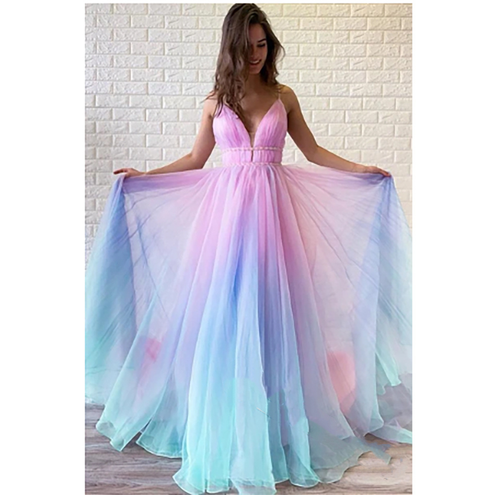 WEPBEL femmes Sexy Spaghetti sangle col en v taille haute robe automne mode cravate-teinture dégradé couleur robe imprimée florale