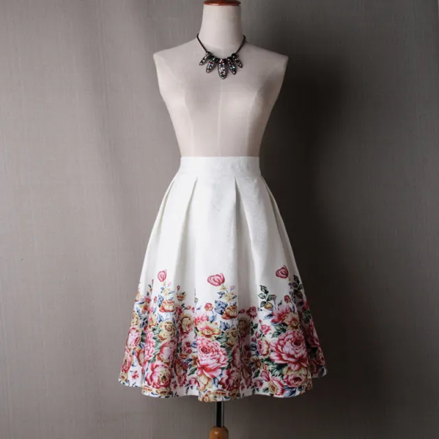 High waist positioning printed midi skirt White - Shop at LoveMi