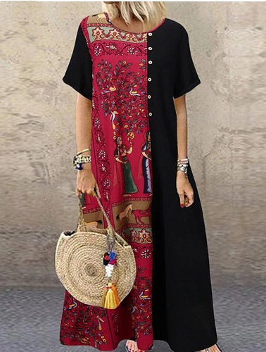 Cotton Print Vintage Contrast Contrast Round Neck Dress