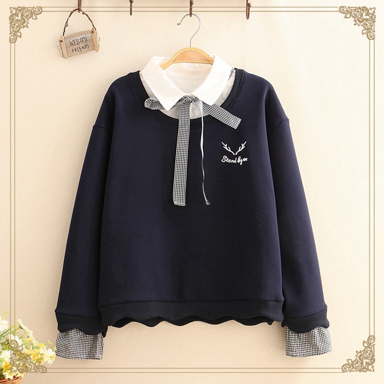 Fake two pieces plus velvet long sleeves Navy Blue - Shop at LoveMi