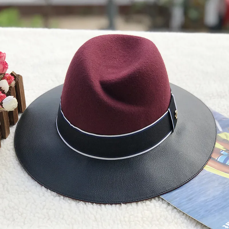 Wool Felt Hat And Leather Stitching Jazz Top Hat - Red