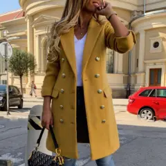 Woolen Lapel Jacket With Double-breasted Design Fashion Casual Trench Fall Winter Mid-length Coat For Women Clothing - Yellow - View 1