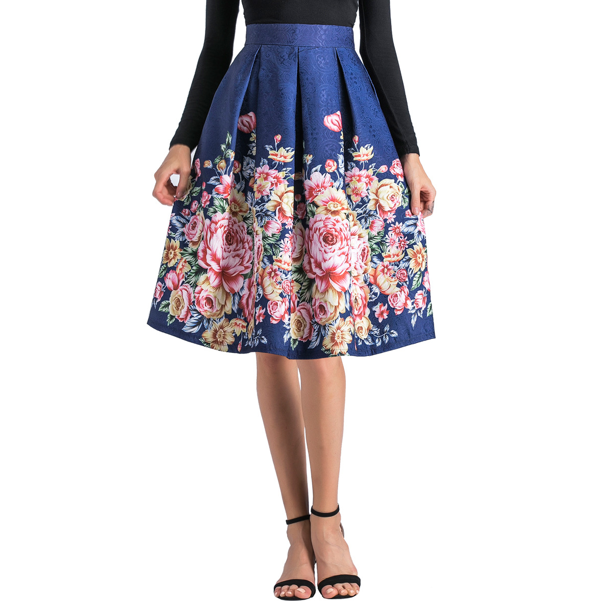 High waist positioning printed midi skirt