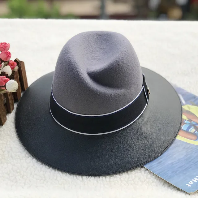 Wool Felt Hat And Leather Stitching Jazz Top Hat Grey - Shop at LoveMi
