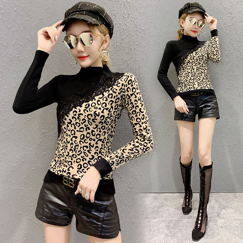 Women's High-Neck Leopard-Print Lace Long-Sleeved Shirt