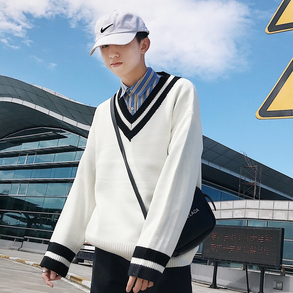 Loose V-neck striped men's sweater