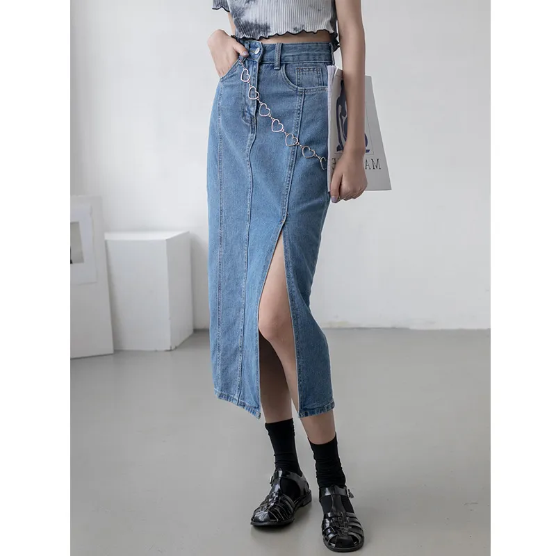 Retro side slit denim skirt - Blue