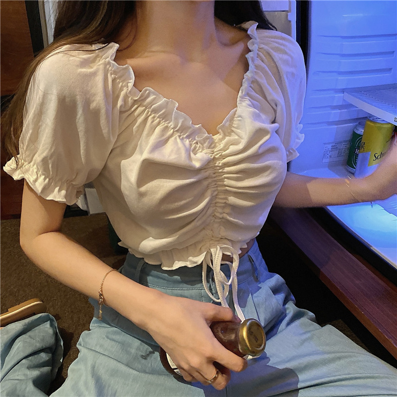 Bubble Sleeve Off Shoulder Drawstring Top Short T-shirt