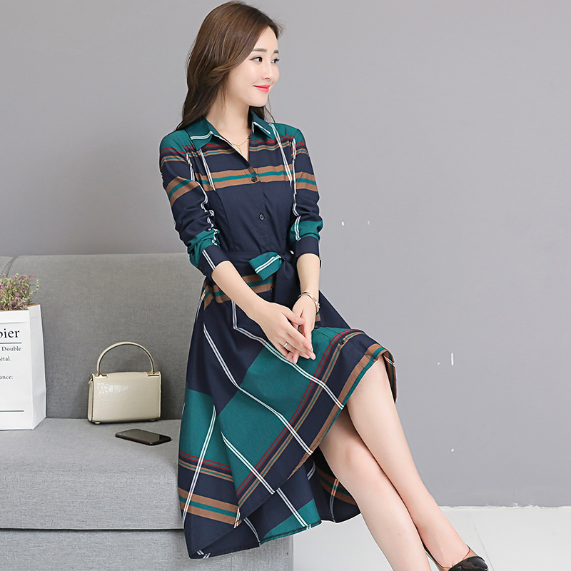 Women's irregular plaid shirt waist dress