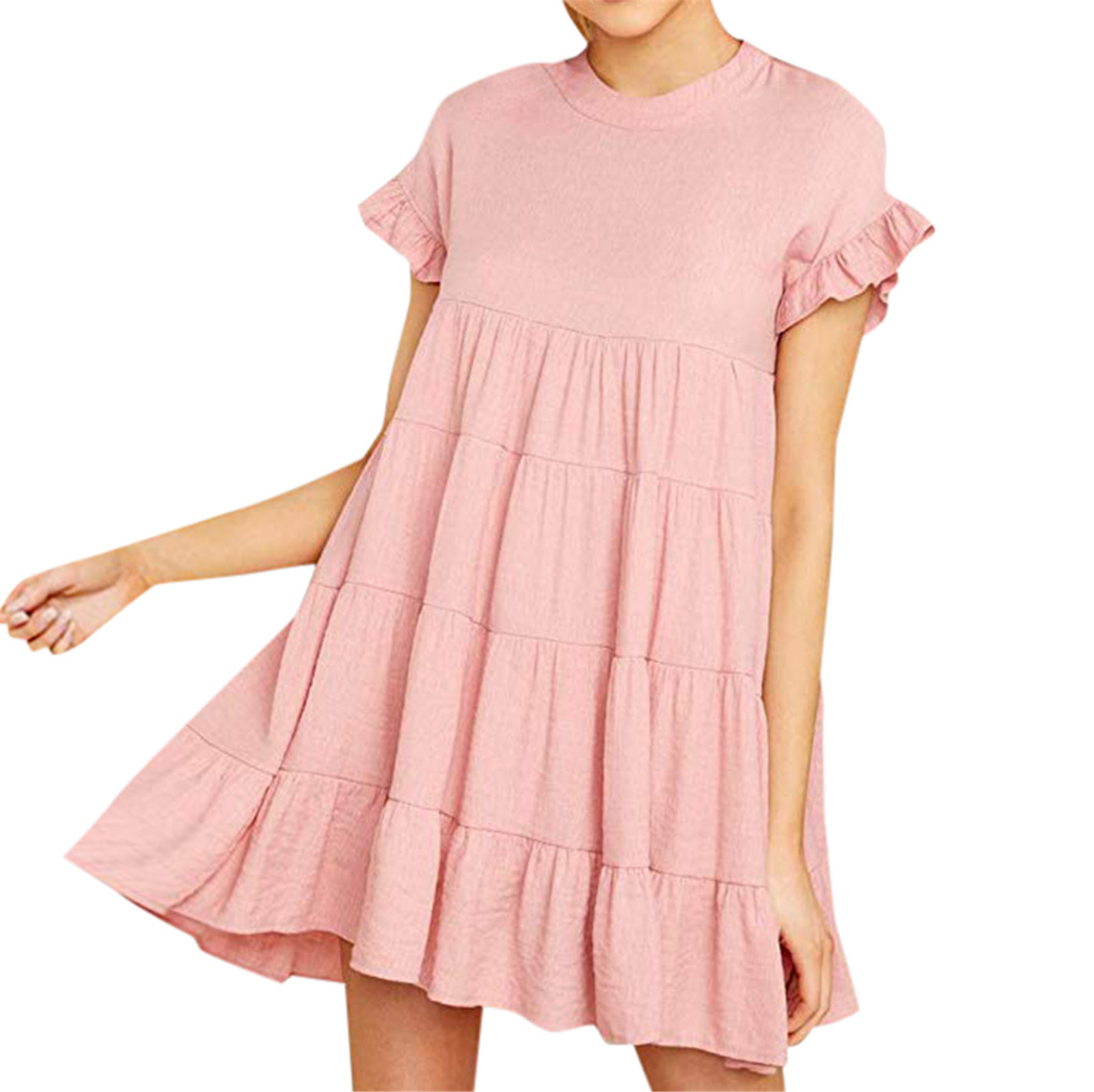 Round neck short sleeve pleated stitching big dress