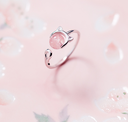 S925 silver kitten ring female Japanese style simple cat sweet strawberry crystal  index finger ring