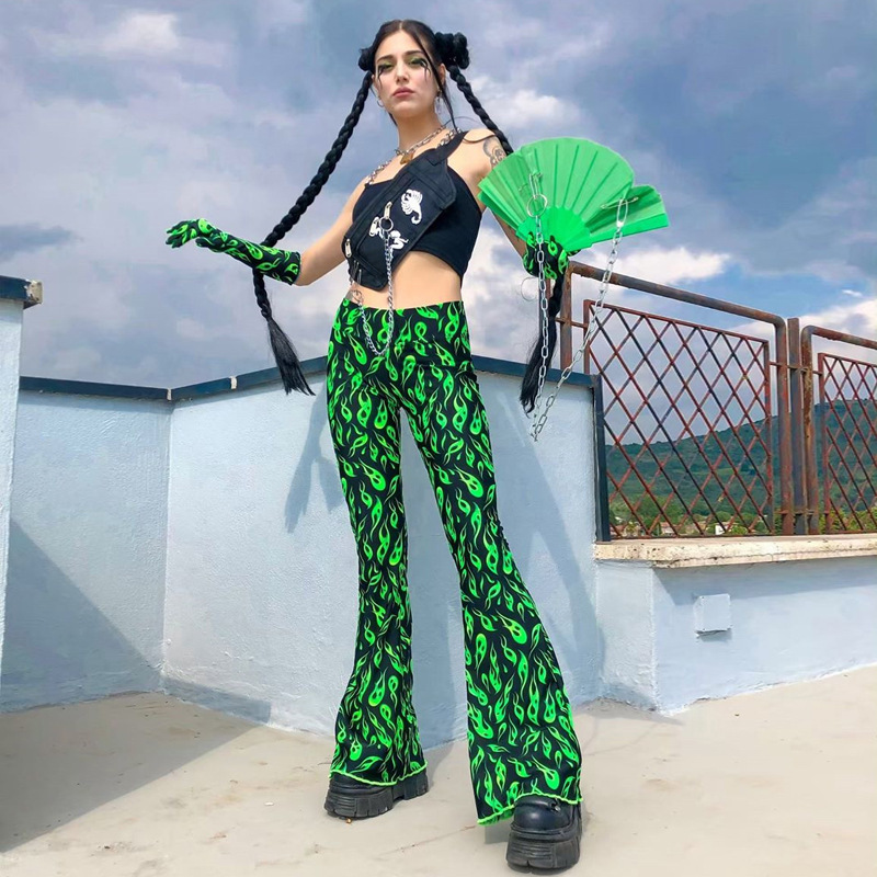 Fashion All-Match Sexy Printed Fruit Green Flared Pants