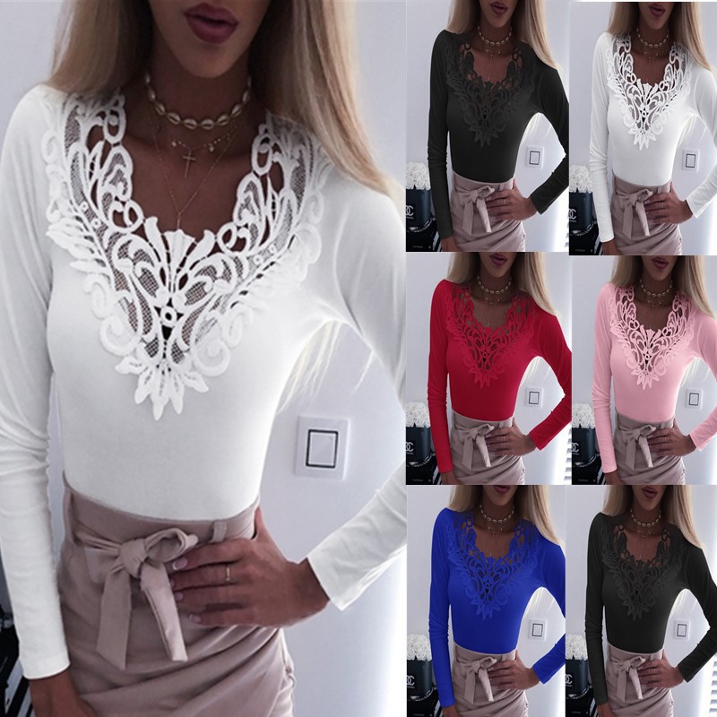 Lace Deep V-Neck Sexy Solid Color Stitching T-Shirt Long Sleeves