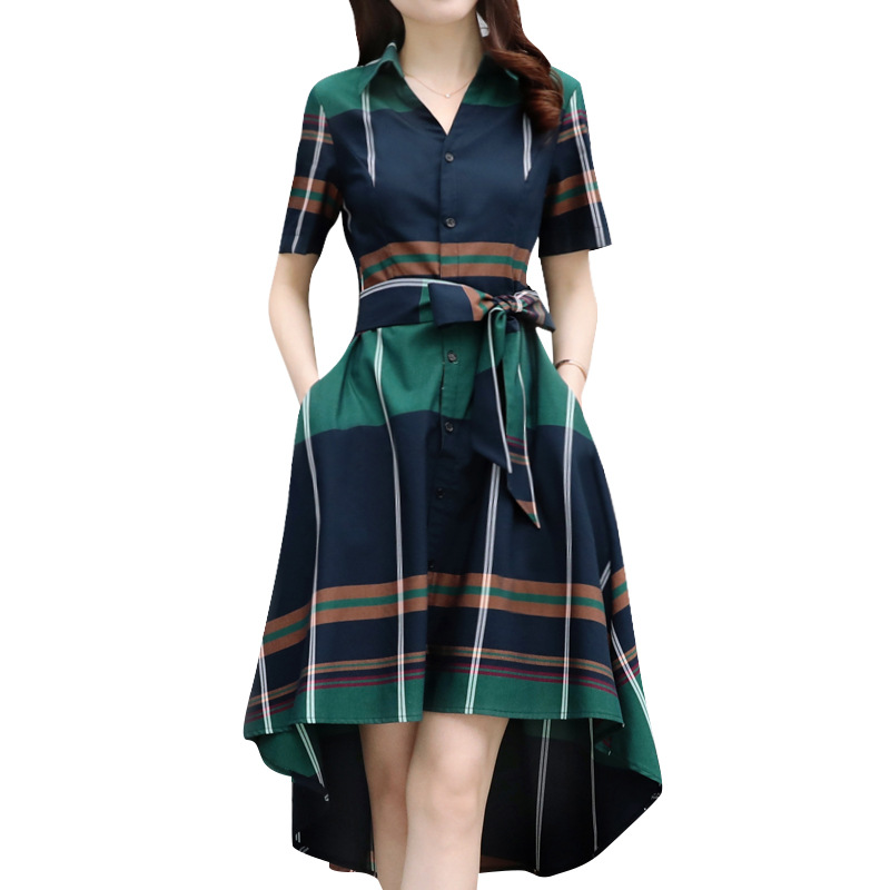 Women's irregular plaid shirt waist dress