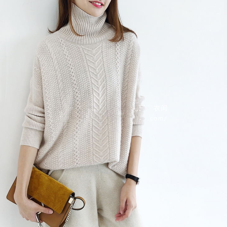 Turtleneck pure cashmere sweater twist sweater simple thick loose knit bottoming shirt