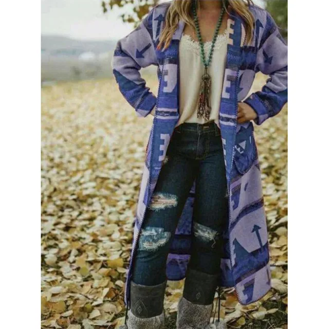Printed top long sleeve woolen coat Blue - Shop at LoveMi