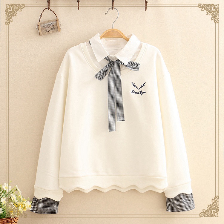 Fake two pieces plus velvet long sleeves White - Shop at LoveMi