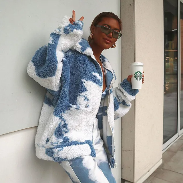 Tie dye printed lamb wool coat Blue - Shop at LoveMi