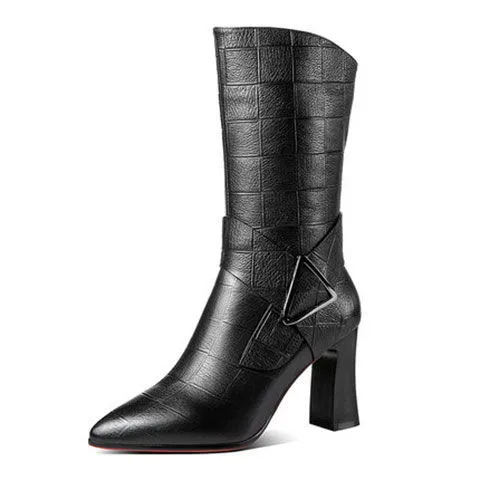 High Heeled Pointed Middle Tube Thick Heeled Plush Boots Black - Shop at LoveMi