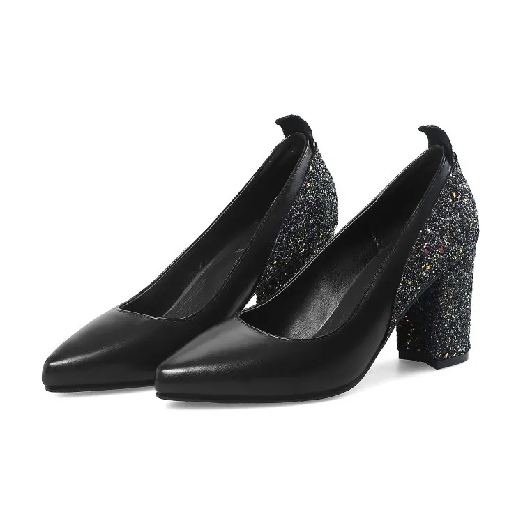 Women's shallow mouth thick heel low-top shoes - Black