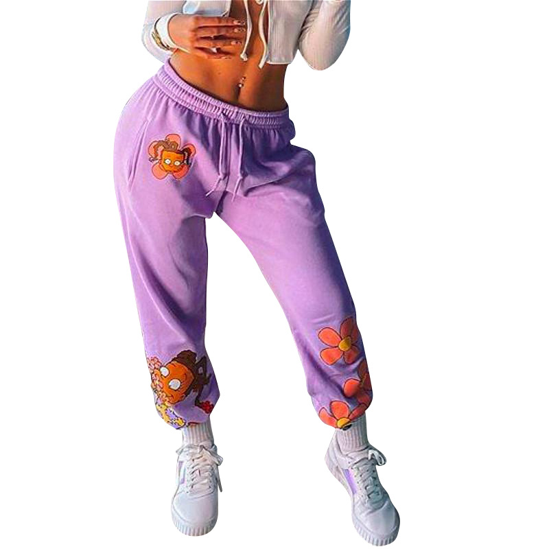 Casual Fashion Pattern Printed Loose Fit Sports Trousers With Waist Rope Purple - Shop at LoveMi