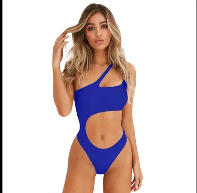 New hollow irregular waist single shoulder solid color wrapped chest bikini one piece swimsuit female Blue - Shop at LoveMi