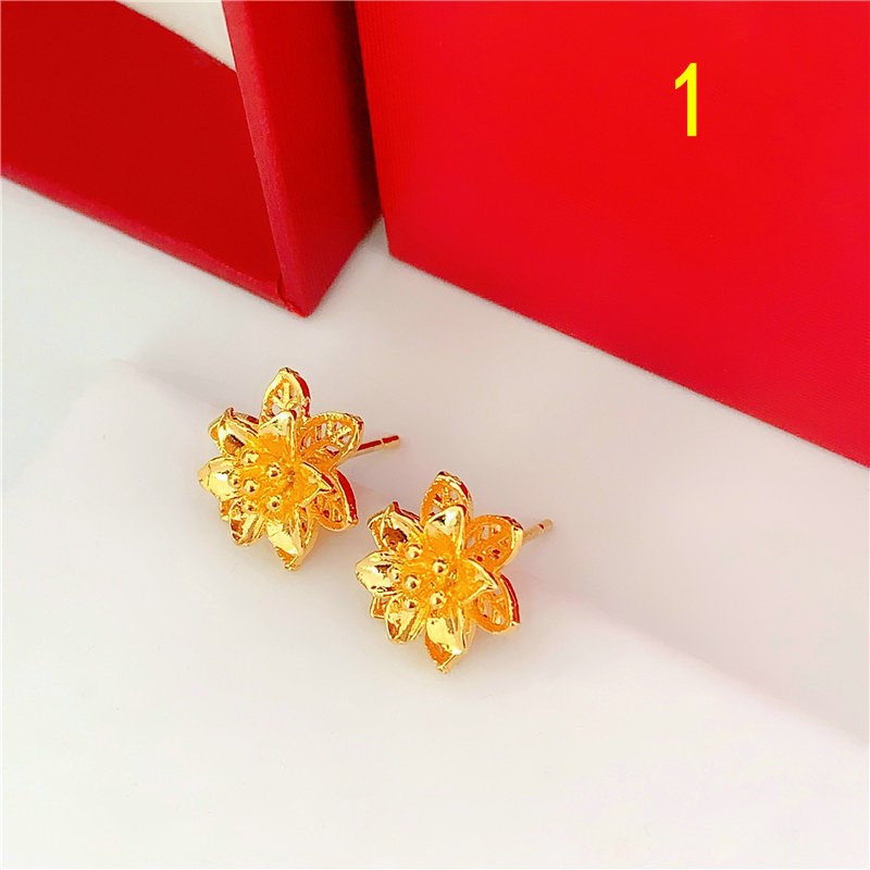 Variety Of Rose Flower Sand Gold Glossy Round Bead Earrings