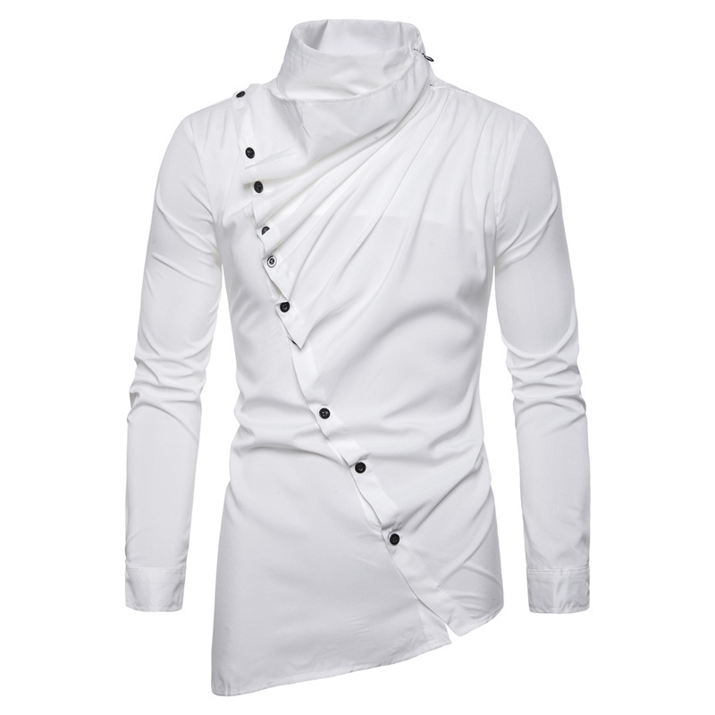 Men's asymmetric oblique placket pile neck long sleeve shirt