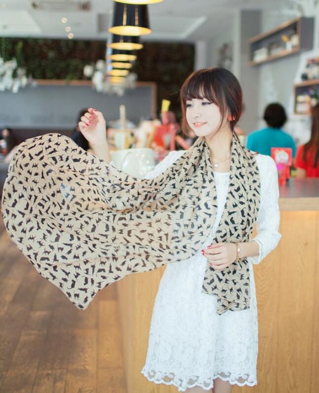 Fashion Chiffon Silk Printed Colorful Cartoon Cat Kitten Graffiti Scarf