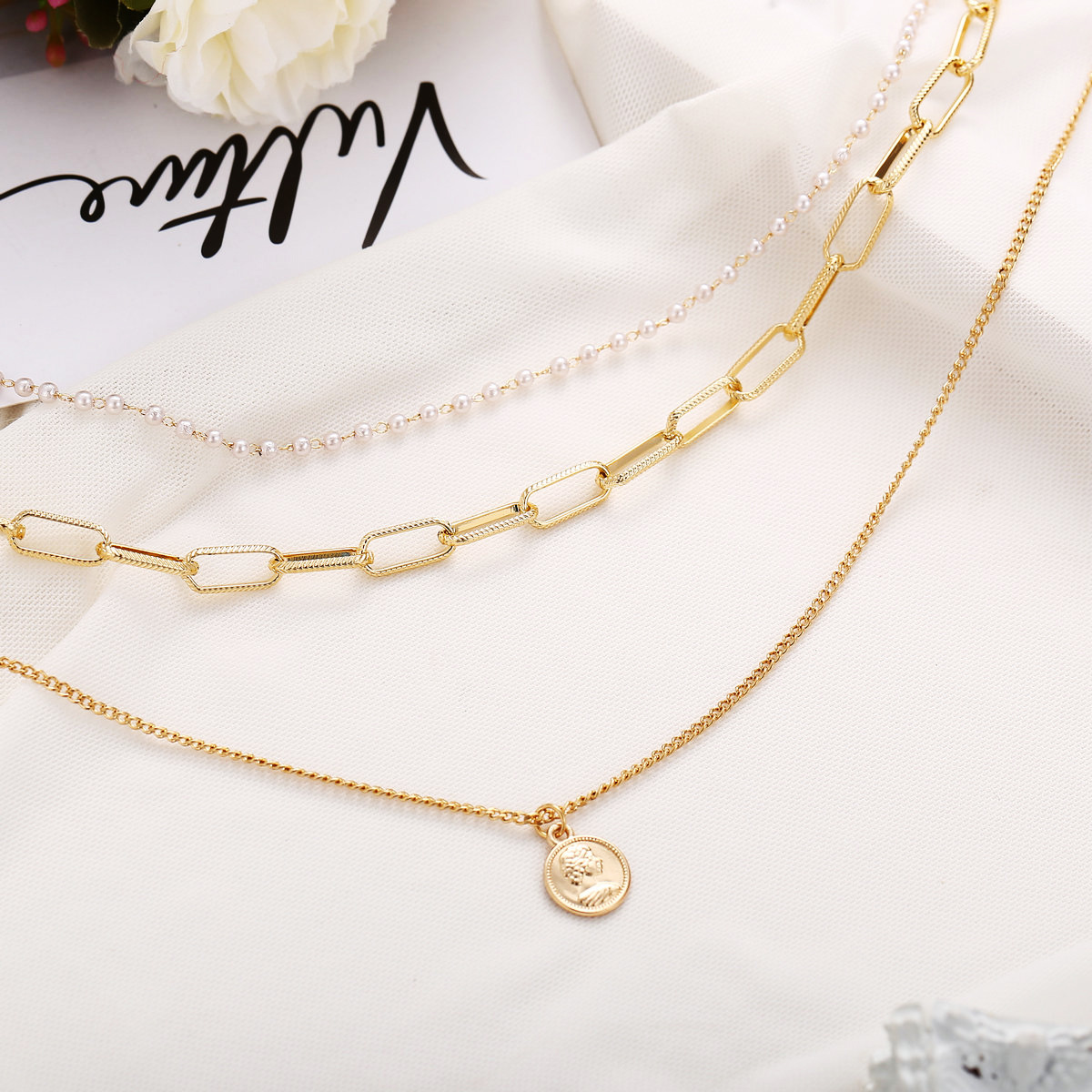 Portrait Seal Pearl Chain Multilayer Necklace