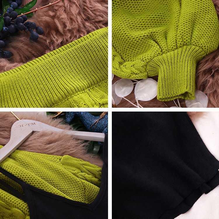 One word neck lantern sleeve sweater knitted skirt suit