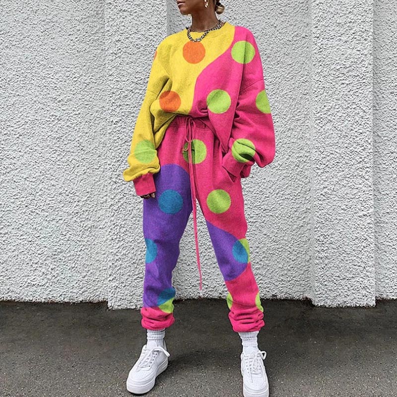 Fashion Printed Round Neck Long Sleeve Trousers