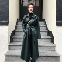 PU leather windbreaker motorcycle jacket coat - Dark Green - View 1