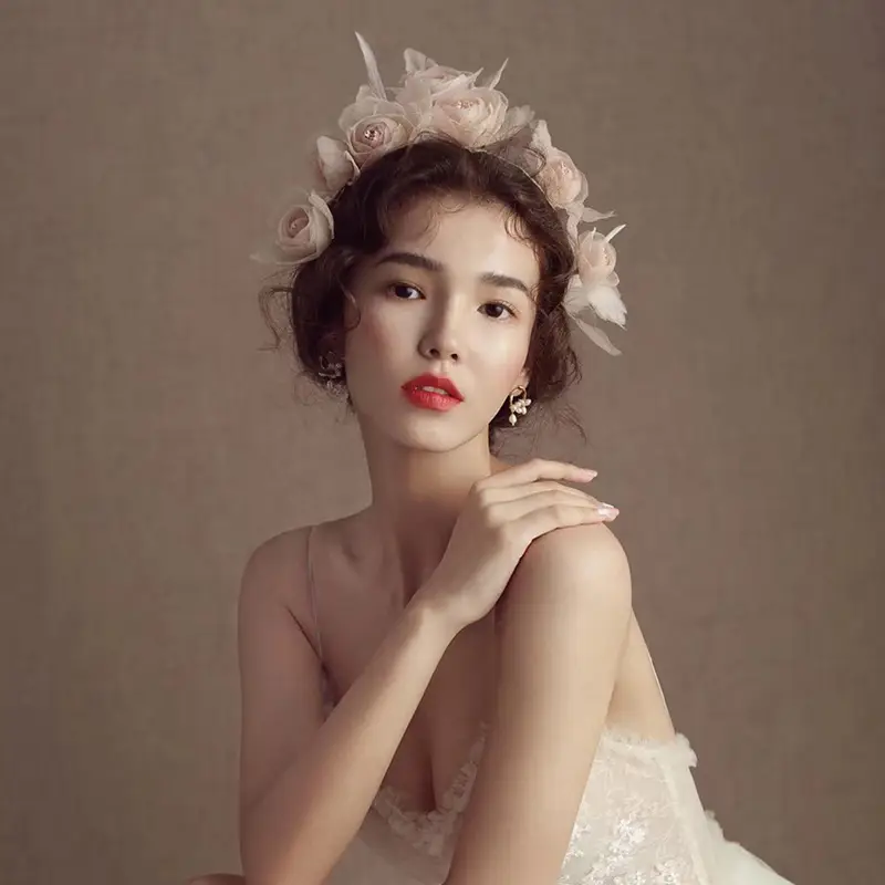 Exquisite meat pink flower bridal headpiece