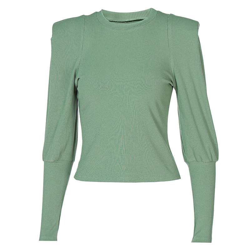 Ribbed crew neck lantern long sleeve T-shirt top