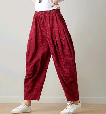 Original ethnic style women's jacquard pants spring and summer elastic waist pants trousers women Wine Red - Shop at LoveMi
