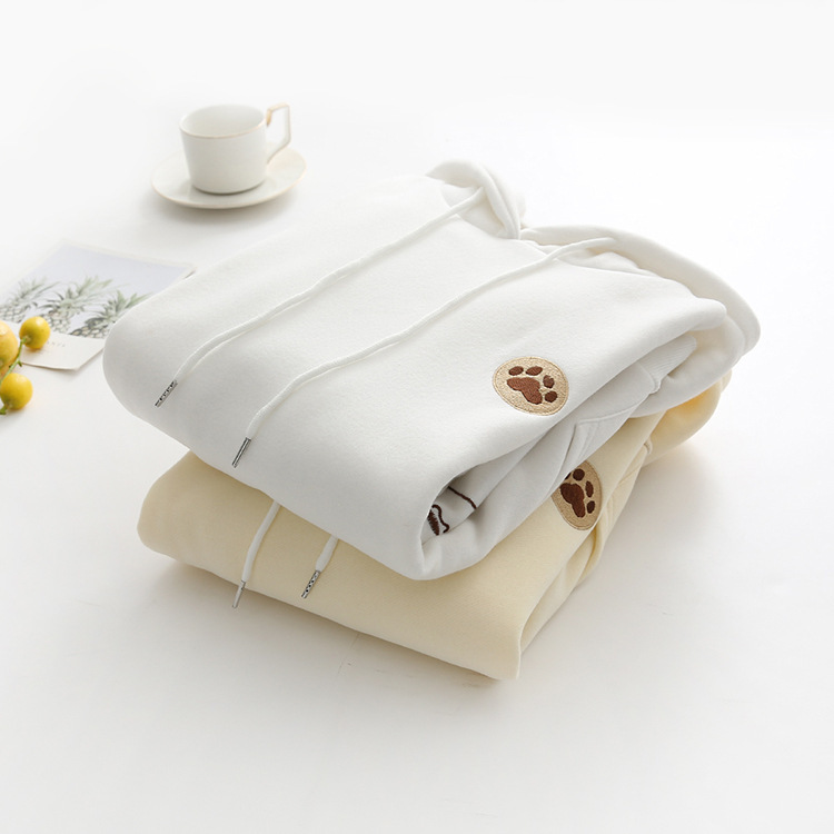 Bear paw embroidered hooded plus fleece sweater