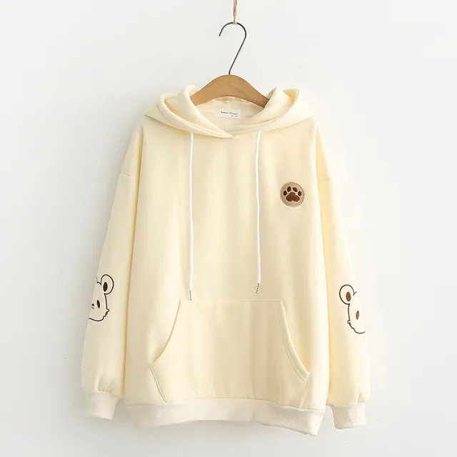 Bear paw embroidered hooded plus fleece sweater Beige - Shop at LoveMi