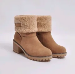 Mid-Tube Thick Heel Suede Snow Boots - Khaki - View 1