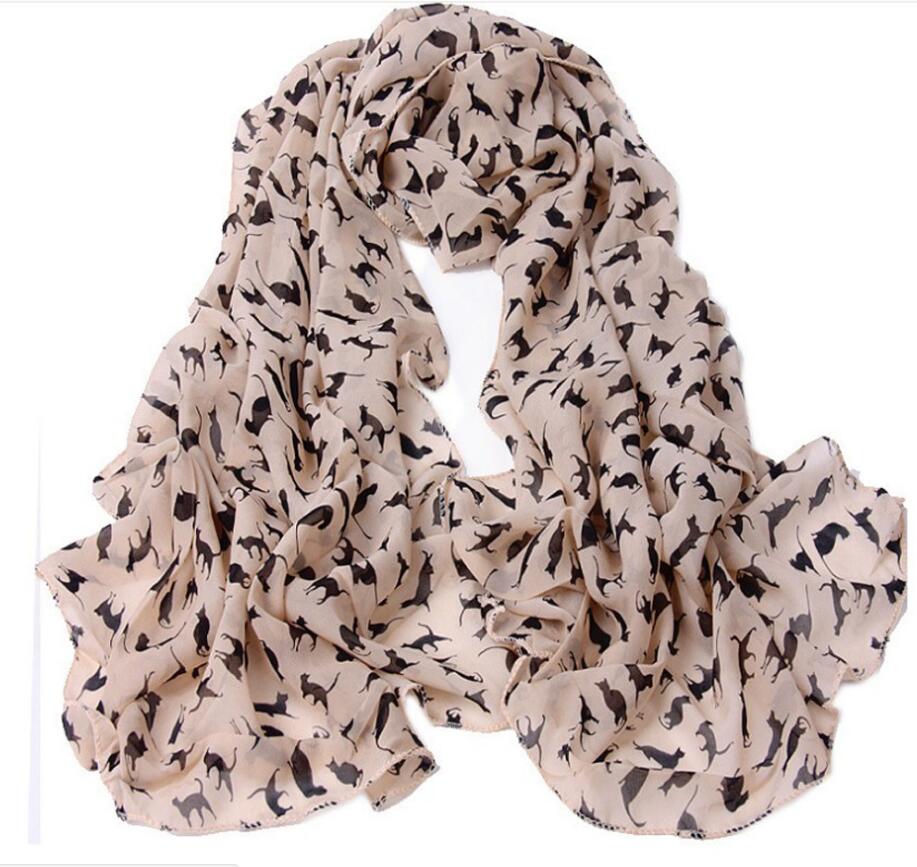 Fashion Chiffon Silk Printed Colorful Cartoon Cat Kitten Graffiti Scarf