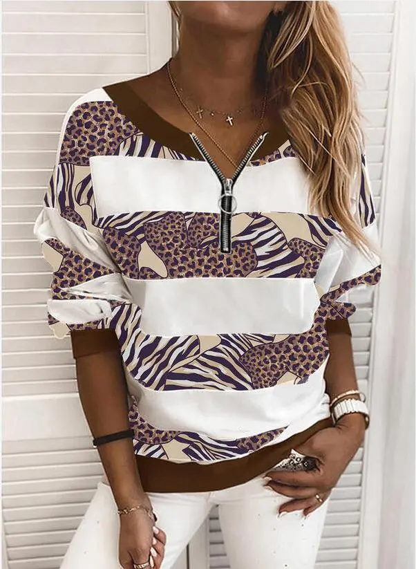Long Sleeve White Leaf Stripe Print Women's Top Brown - Shop at LoveMi