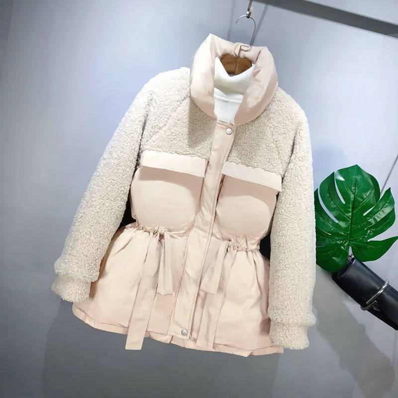 New Style Lamb Wool Stitching Cotton Jacket - Pink