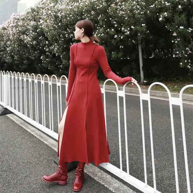 New style brushed cotton split dress Red - Shop at LoveMi