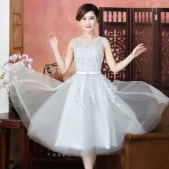 new mid-length pink evening dress banquet double shoulder graduation dress - Grey - View 1
