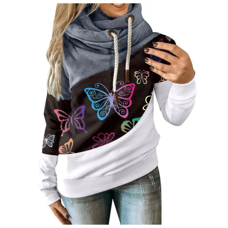 Butterfly print hooded scarf collar fashion sweater - Grey