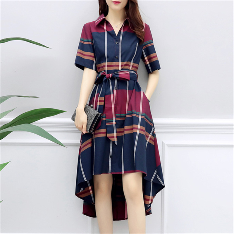 Women's irregular plaid shirt waist dress